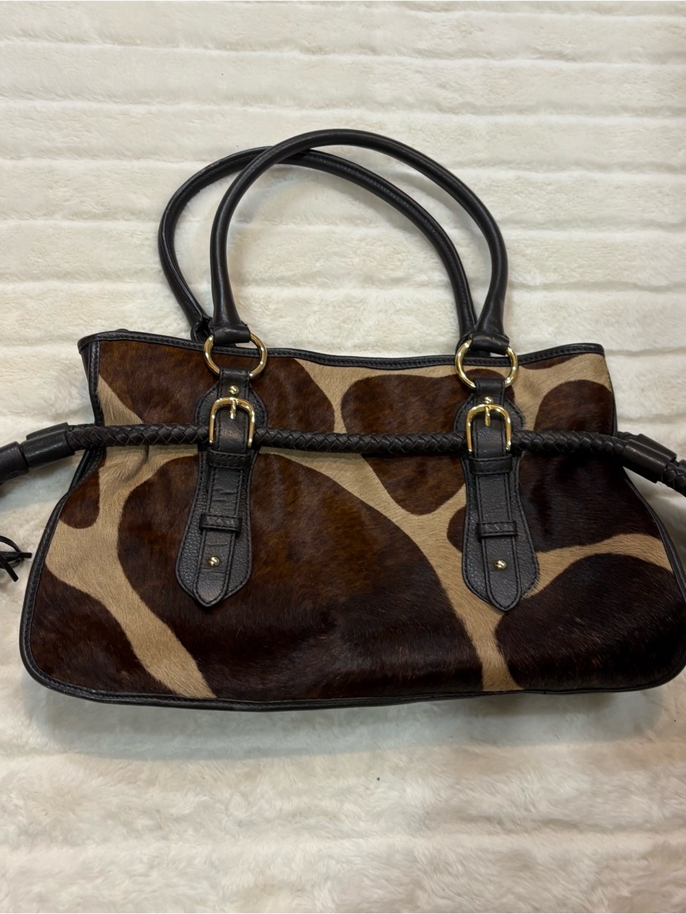 Adrienne Vittadini Brown and Tan Cowhide Shoulder Bag with Black Trim